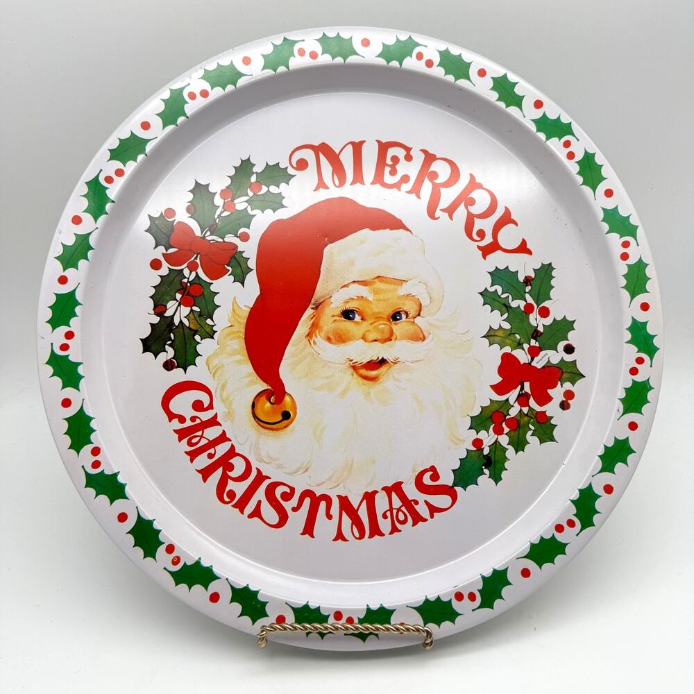 Vintage Merry Christmas Santa Serving Tray Metal Holiday Platter 13"